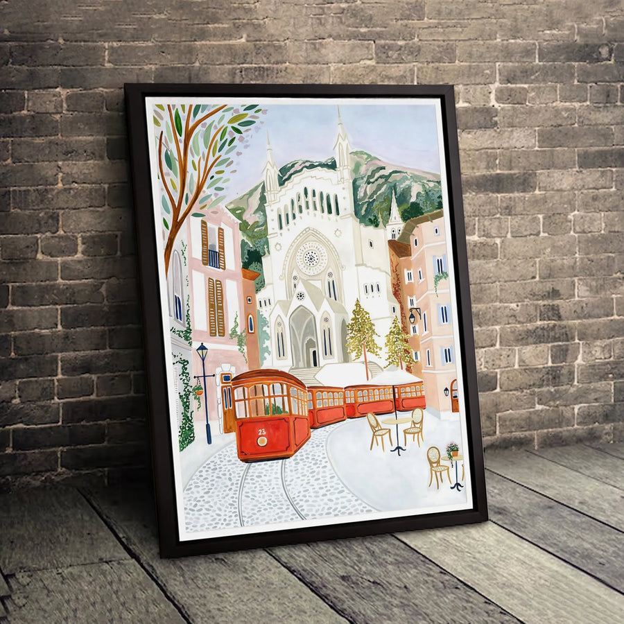 European Cityscape Wall Art | Vintage Red Tram And Cathedral Scene | Gallery Wrap Premium Canvas | Travel Lover Home Decor Gift