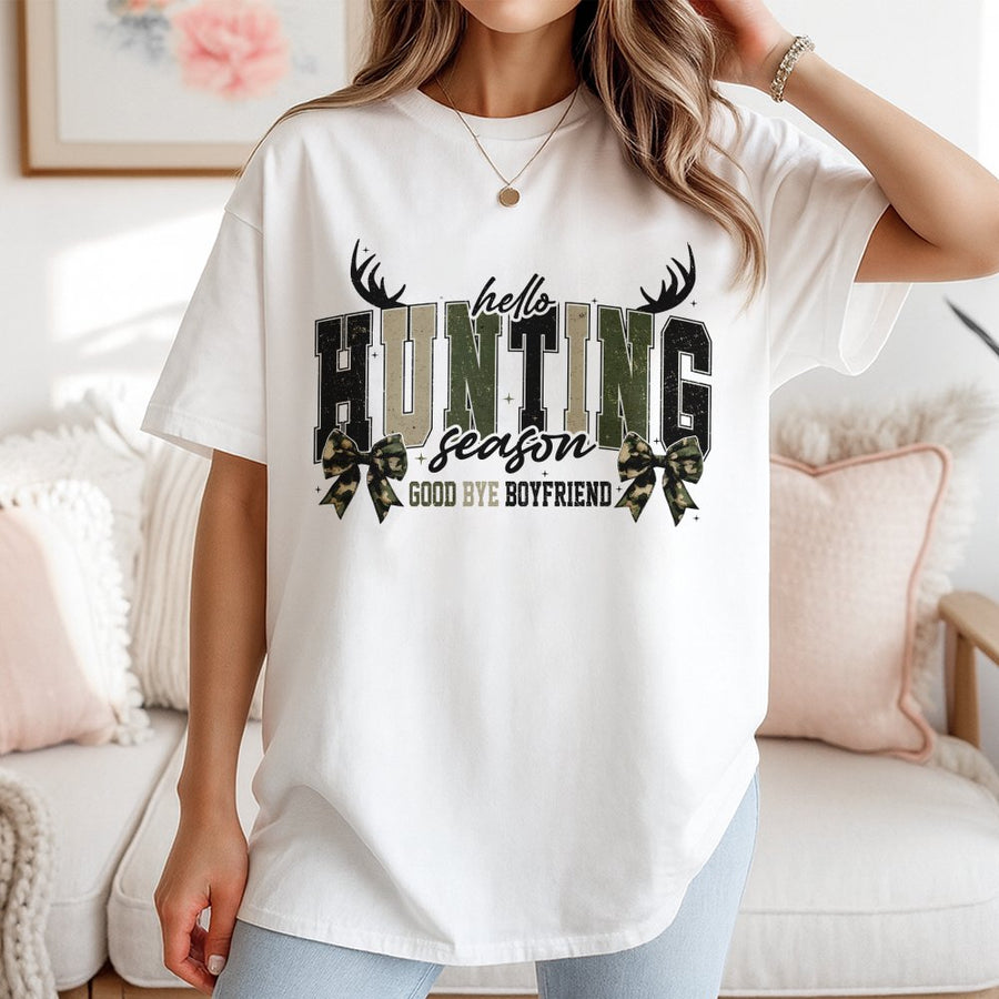 Hello Hunting Season Goodbye Boyfriend T-Shirt | Camo Bow Aesthetic Design | 100% Cotton Premium Tee | Funny Gift for Women Hunters