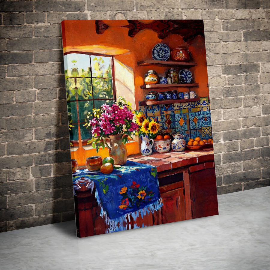 Rustic Kitchen Still Life Canvas Print | Sunlit Mediterranean Decor | 1.25-Inch Gallery Wrap | Warm Botanical Farmhouse Wall Art