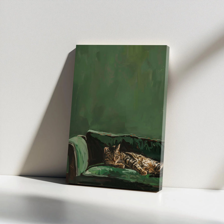 Tabby Cat Wall Art | Sleeping Cat on Green Sofa Painting | Premium Gallery Wrap Canvas | Cozy Home Decor Gift for Animal Lovers