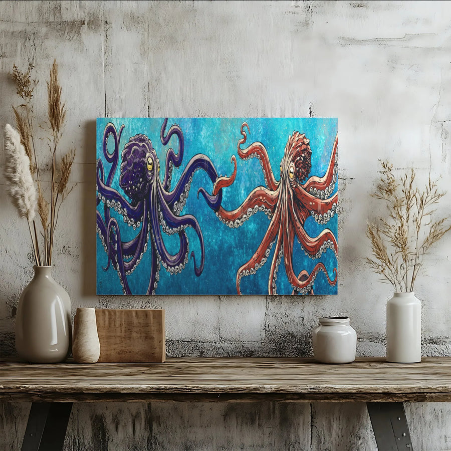 Octopus Canvas Wall Art | Vibrant Two Octopus Graphic Illustration | Premium Thick Gallery Wrap | Modern Coastal Home Decor Gift