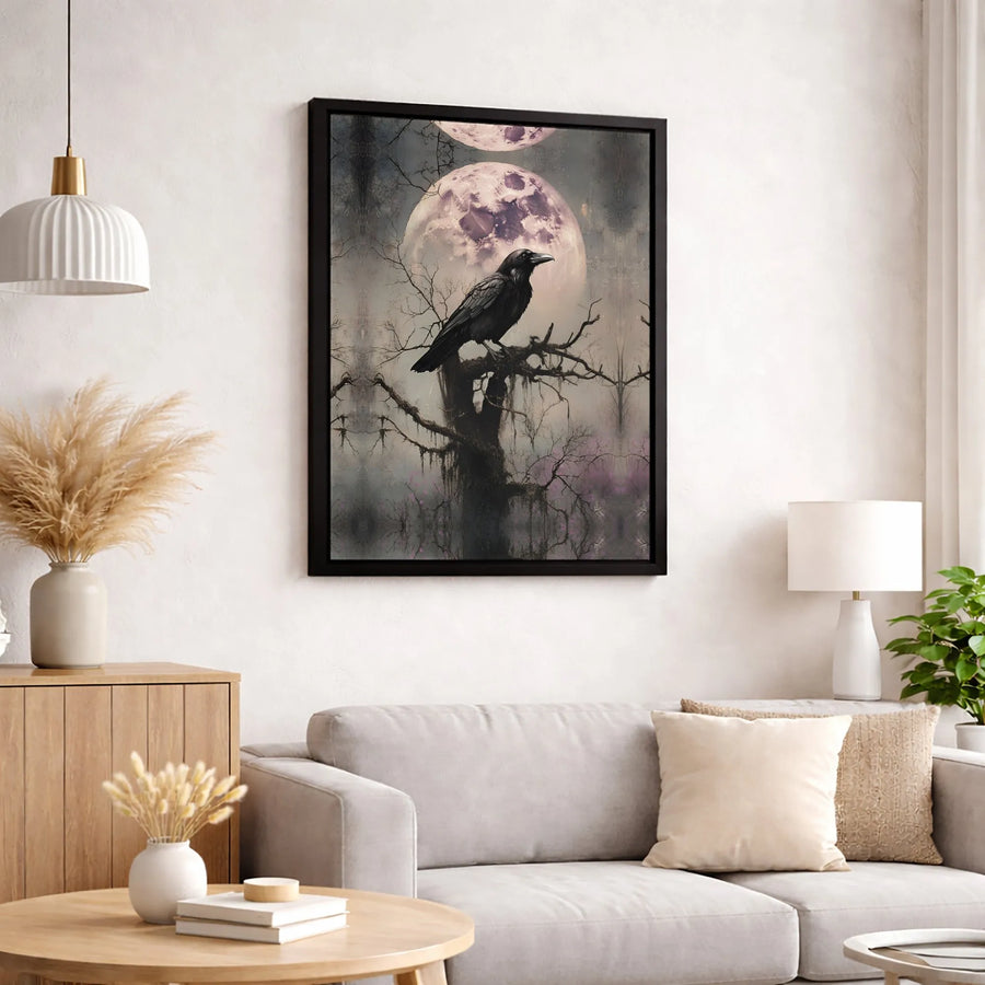 Gothic Raven Wall Art | Spooky Full Moon Forest Landscape | Premium 1.25-Inch Gallery Canvas | Dark Academia Home Decor Gift