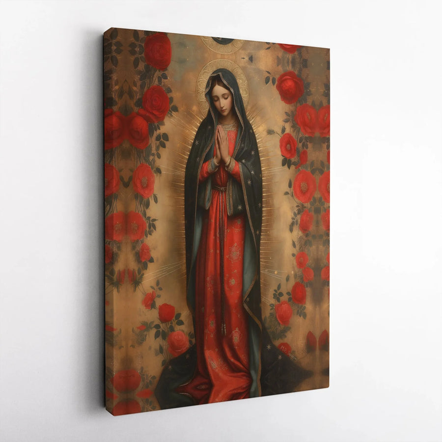 Virgin Mary Canvas Print | Religious Wall Art with Red Roses | Gallery-Quality Fade-Resistant | Spiritual Gift for Home Decor