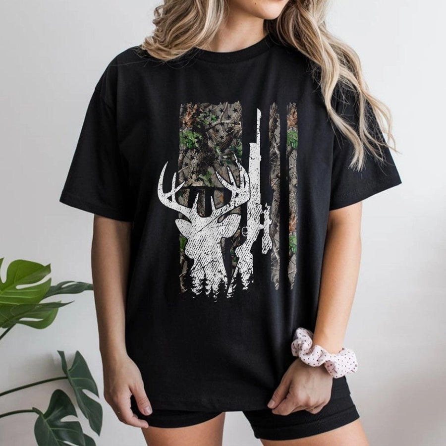 Hunting T-Shirt | American Flag Camo Deer Buck Silhouette | Premium Cotton Tee | Gift for Hunter and Outdoor Enthusiast