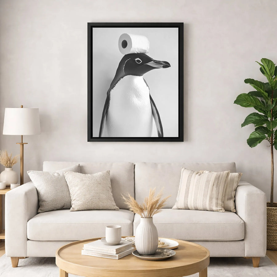 Funny Penguin Wall Art | Whimsical Animal Portrait with Toilet Paper | Premium 1.25" Gallery Wrapped Canvas | Quirky Bathroom Decor Gift