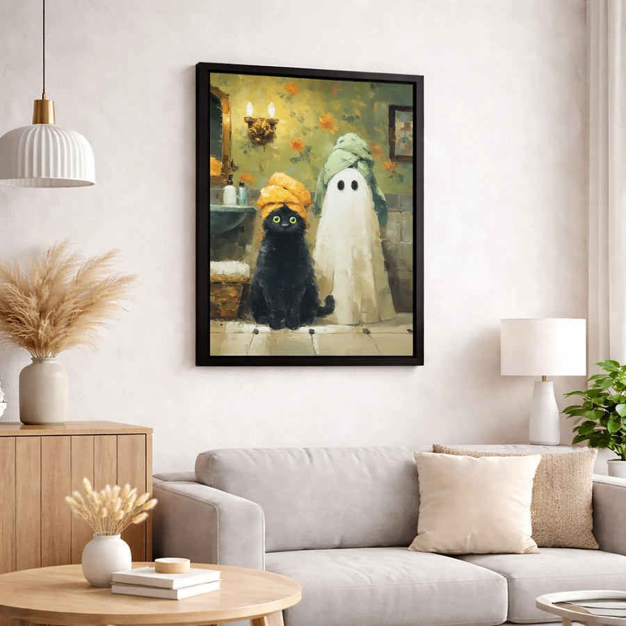 Black Cat and Ghost Canvas Art | Funny Bathroom Wall Decor | Premium Fade-Resistant Print | Quirky Spooky Home Gift for Cat Lovers