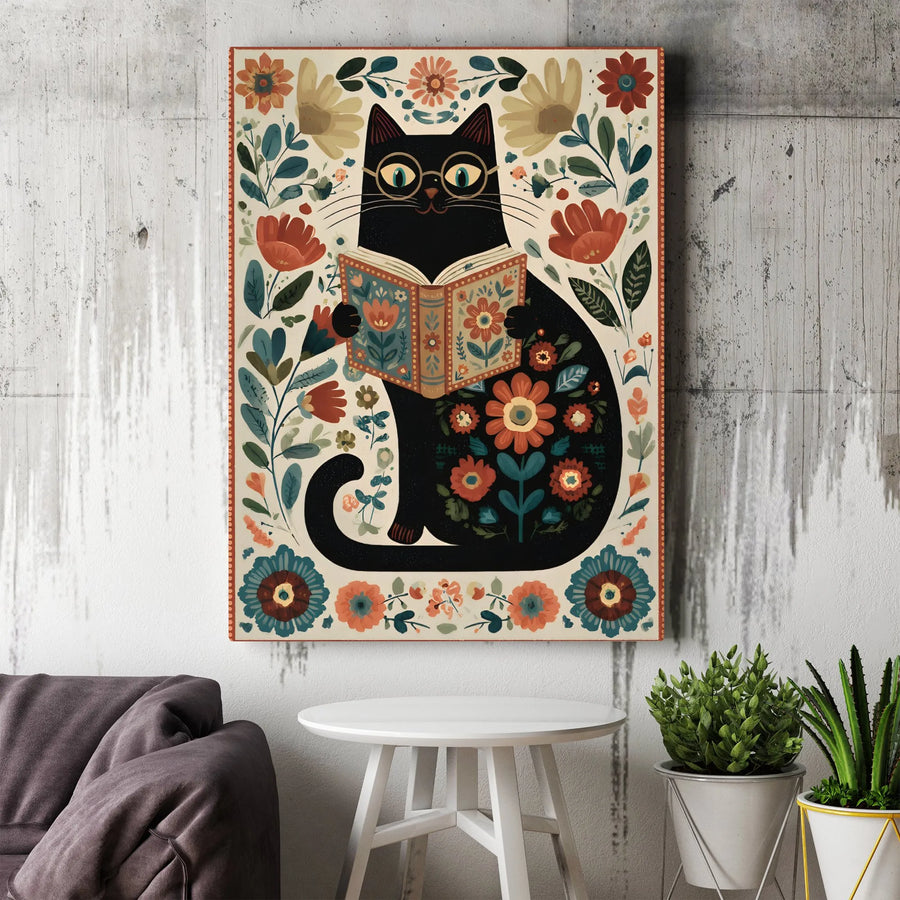 Folk Art Black Cat Vertical Canvas | Botanical Book Lover Wall Art | Premium Thick Gallery Print | Collector's Gift for Librarian Home Decor