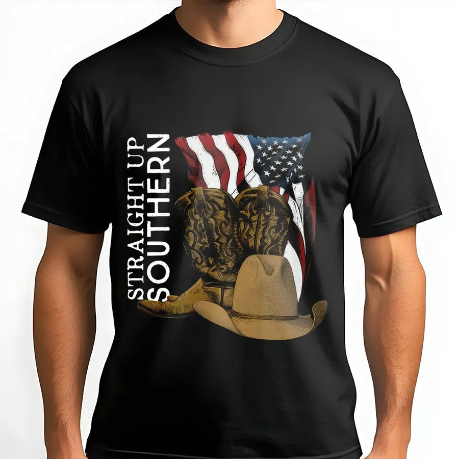 Straight Up Southern T-Shirt | American Flag Cowboy Hat Boots Graphic | Premium Cotton Unisex Tee | Patriotic Country Music Festival Gift