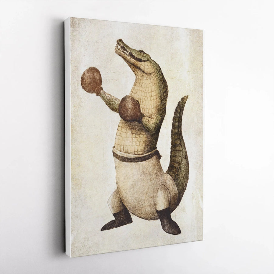 Boxing Alligator Vertical Canvas | Vintage Animal Boxer Illustration | Premium Thick Gallery Wrap | Collector's Gift for Fighter & Man Cave Decor