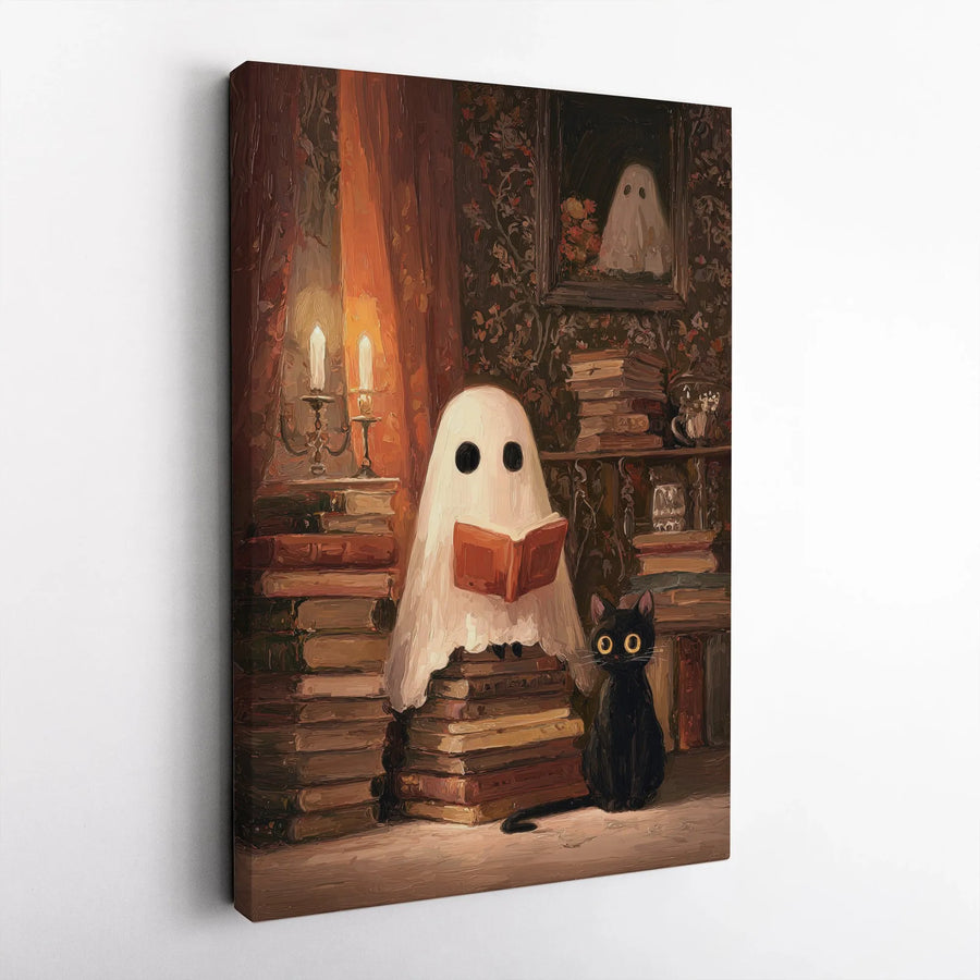 Ghost Reading Book Canvas | Spooky Library With Black Cat Art | Gallery Wrapped Premium Print | Aesthetic Halloween Home Decor Gift