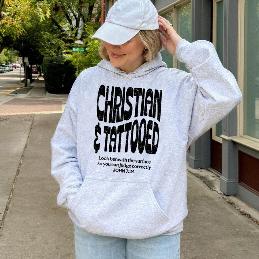 Christian & Tattooed Hoodie | John 7:24 Bible Verse Graphic | Premium Cotton Blend | Faith-Based Apparel Gift for Men and Women