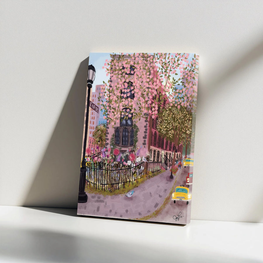 East Village NYC Vertical Canvas | Spring Cherry Blossom Scene Art | Premium 1.25" Thick Gallery Canvas | New York Lover Gift & Apartment Wall Decor