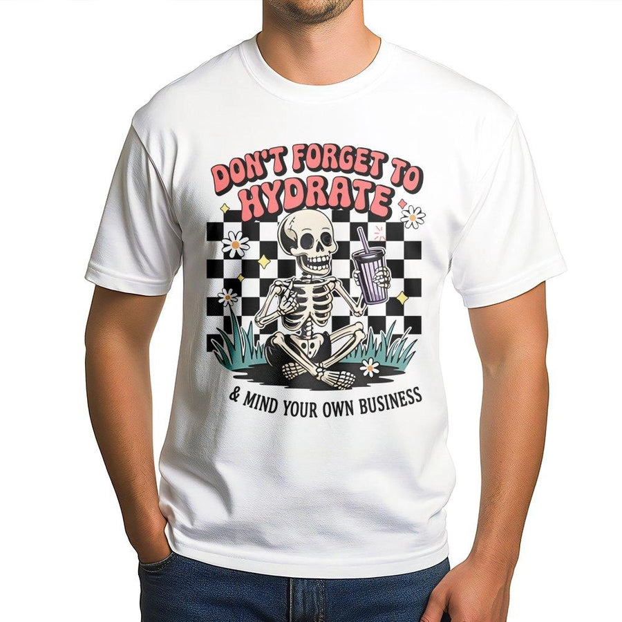 Don't Forget to Hydrate Skeleton T-Shirt | Funny Retro Checkered Graphic Tee | Premium 100% Cotton | Sarcastic Gift for Women & Men