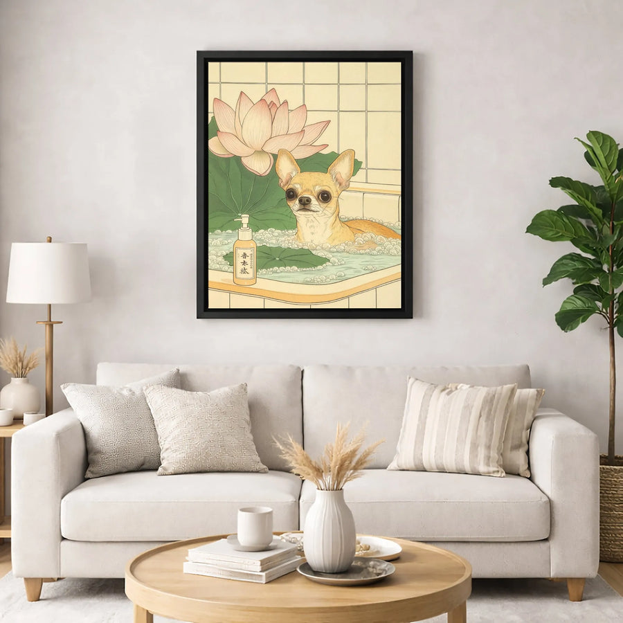 Chihuahua Bubble Bath Wall Art | Japanese Ukiyo-E Lotus Design | Premium Fade-Resistant Canvas | Unique Dog Lover Gift Home Decor