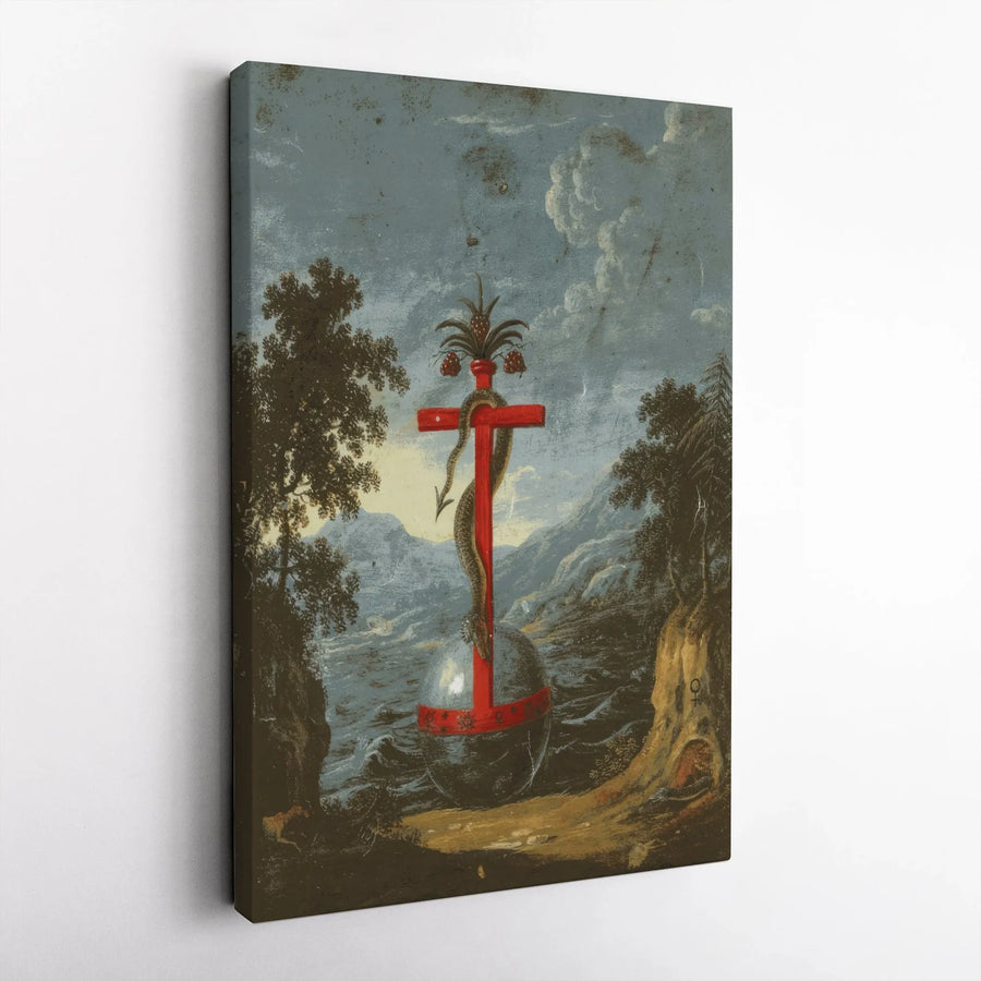 Alchemical Art Canvas Print | Vintage Esoteric Painting with Serpent & Red Cross | Premium Gallery Wrap Canvas | Collector's Occult Home Decor