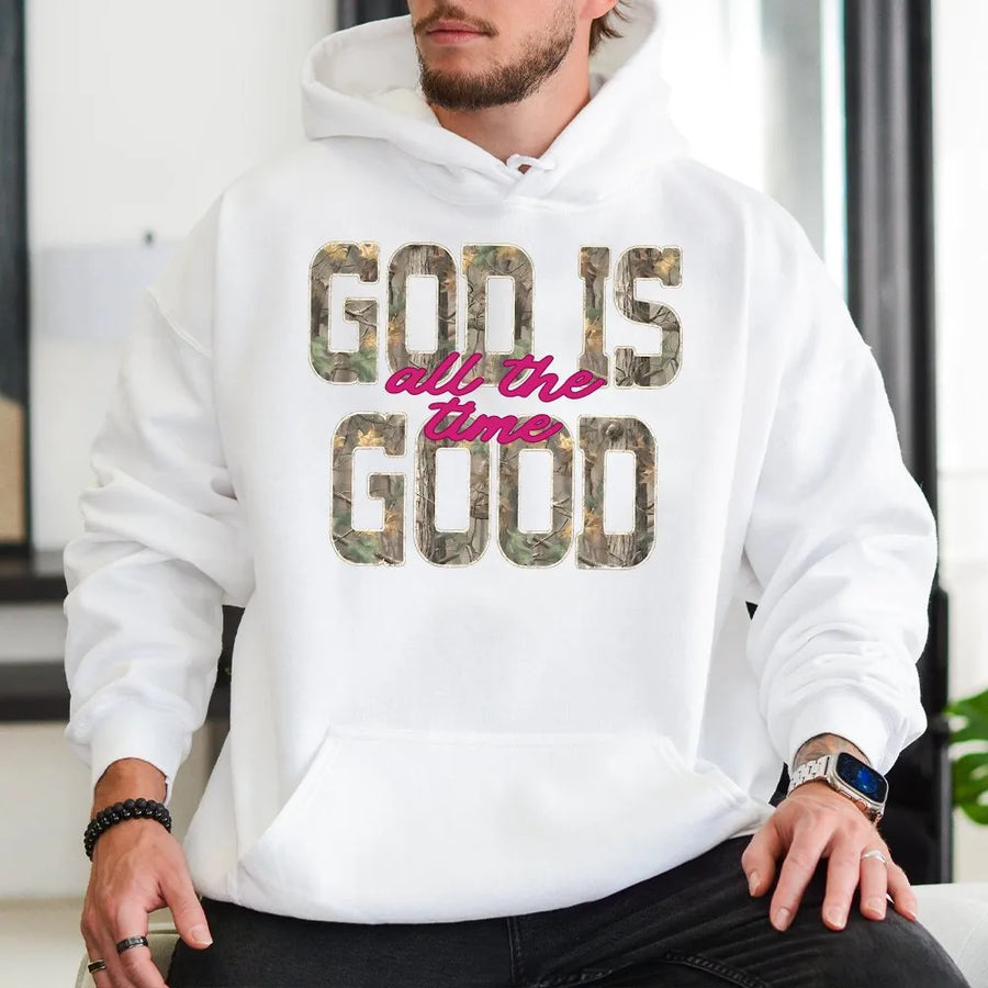 God Is Good All The Time Hoodie | Retro Distressed Camo Print | Premium Cotton-Blend Fabric | Inspirational Christian Faith Gift
