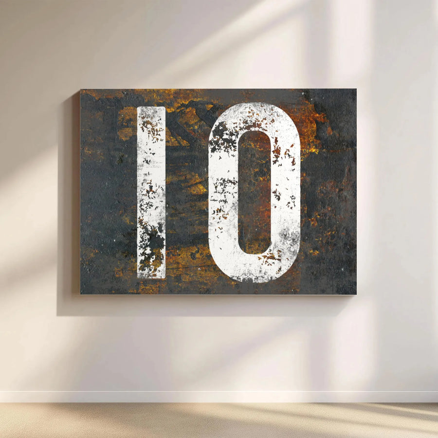 Number 10 Industrial Canvas Wall Art | Distressed Rusted Metal Aesthetic | 1.25" Gallery Wrap Premium Print | Modern Home & Office Decor Gift