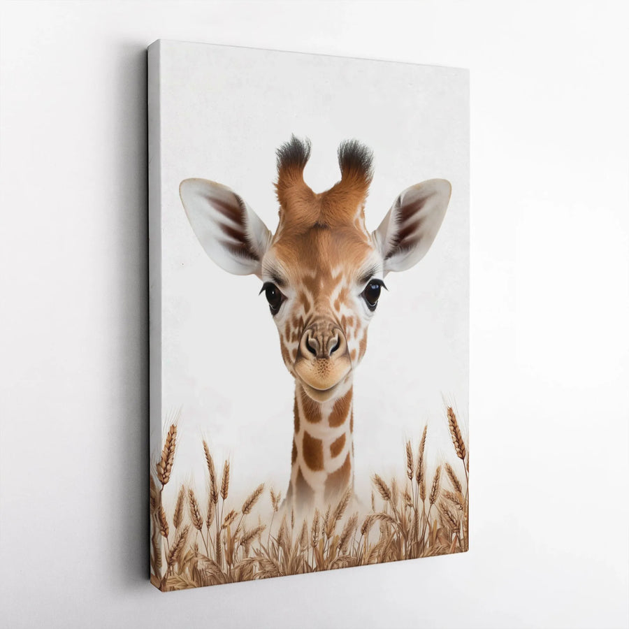 Baby Giraffe Canvas Wall Art | Cute Safari Animal Portrait in Wheat Field | Premium Gallery Wrapped Canvas | Nursery Decor Gift for Kids Room
