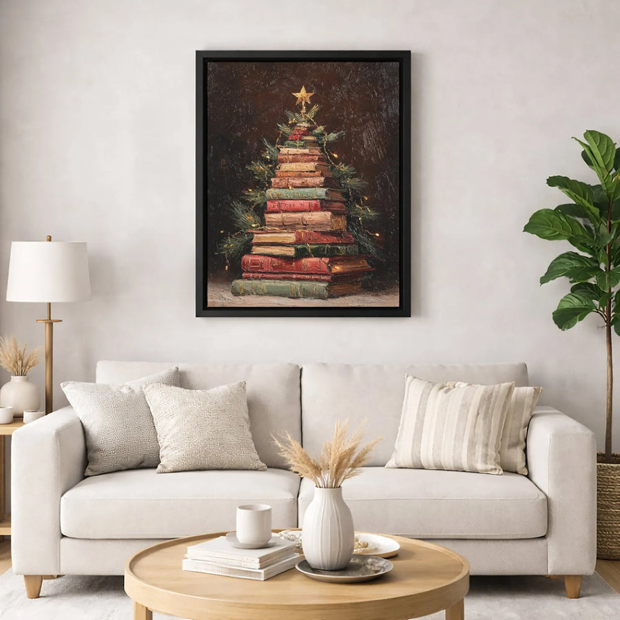 Book Lover Christmas Tree Wall Art | Oil Painting Style Library Decor | Premium Gallery Wrap Canvas | Unique Bookworm Gift for Holiday Home