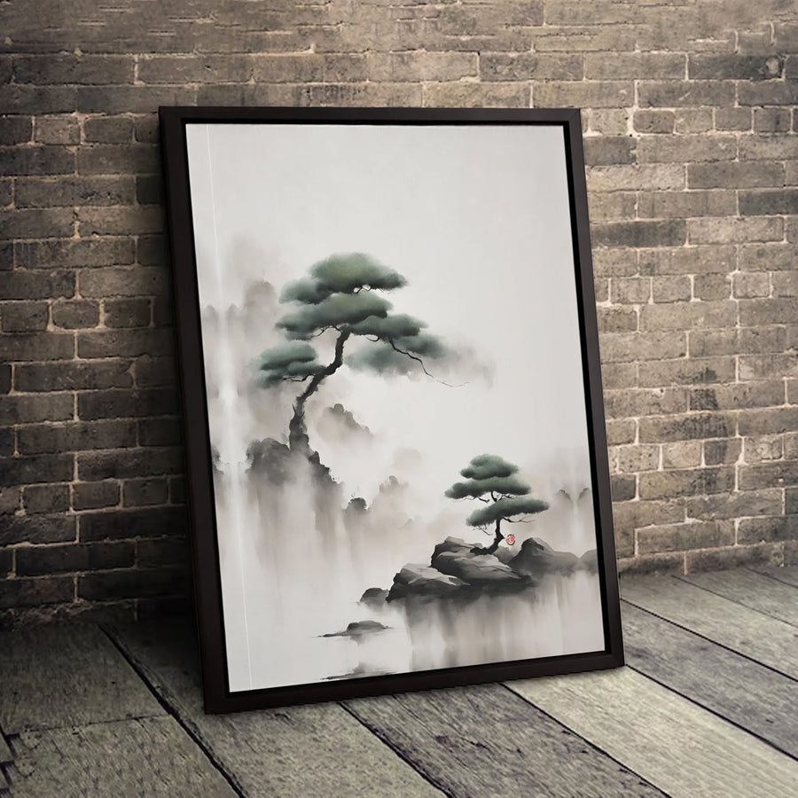 Japanese Pine Tree Canvas Wall Art | Zen Sumi-e Ink Wash Painting | Premium Gallery Wrap Decor | Minimalist Living Room Home Gift