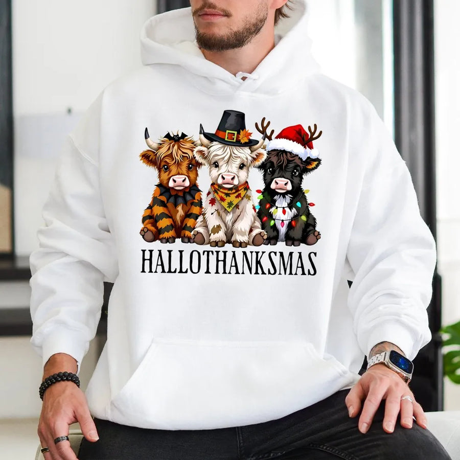 Highland Cow Hallothanksmas Hoodie | Cute Triple Holiday Graphic Design | Premium Cotton Blend | Funny Farm Animal Fall & Christmas Gift For Her