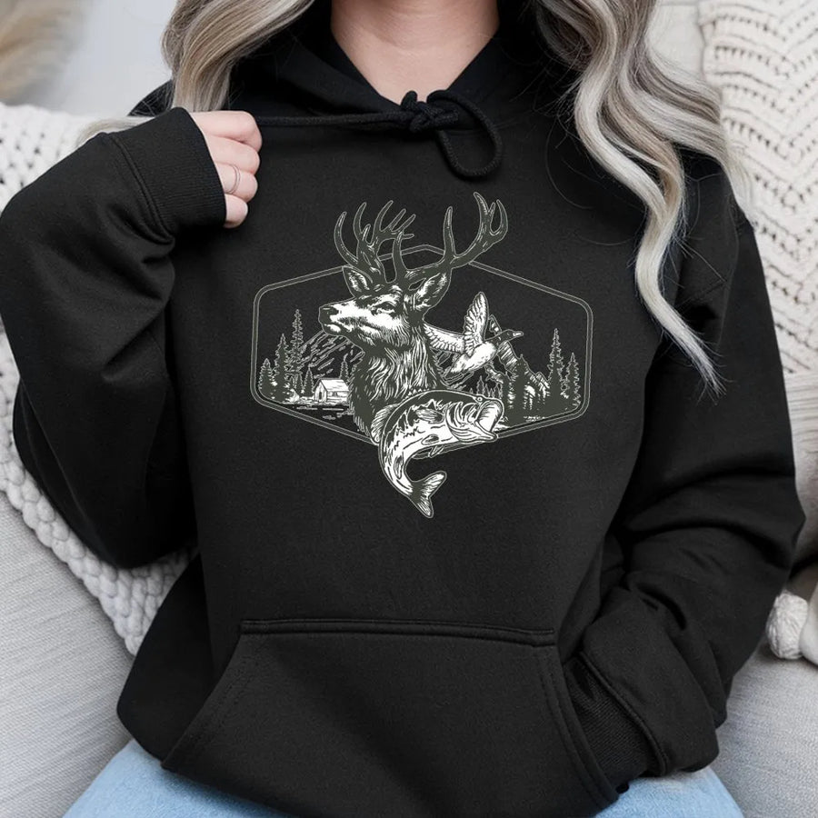 Hunting Hoodie | Vintage Deer and Duck Forest Graphic | Premium Cotton Blend | Gift for Outdoorsmen and Hunters