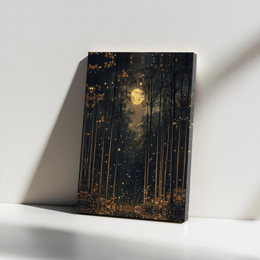 Enchanted Forest Canvas Print | Full Moon & Firefly Night Sky | Premium Gallery Wrapped Canvas | Mystical Bedroom Wall Decor Gift