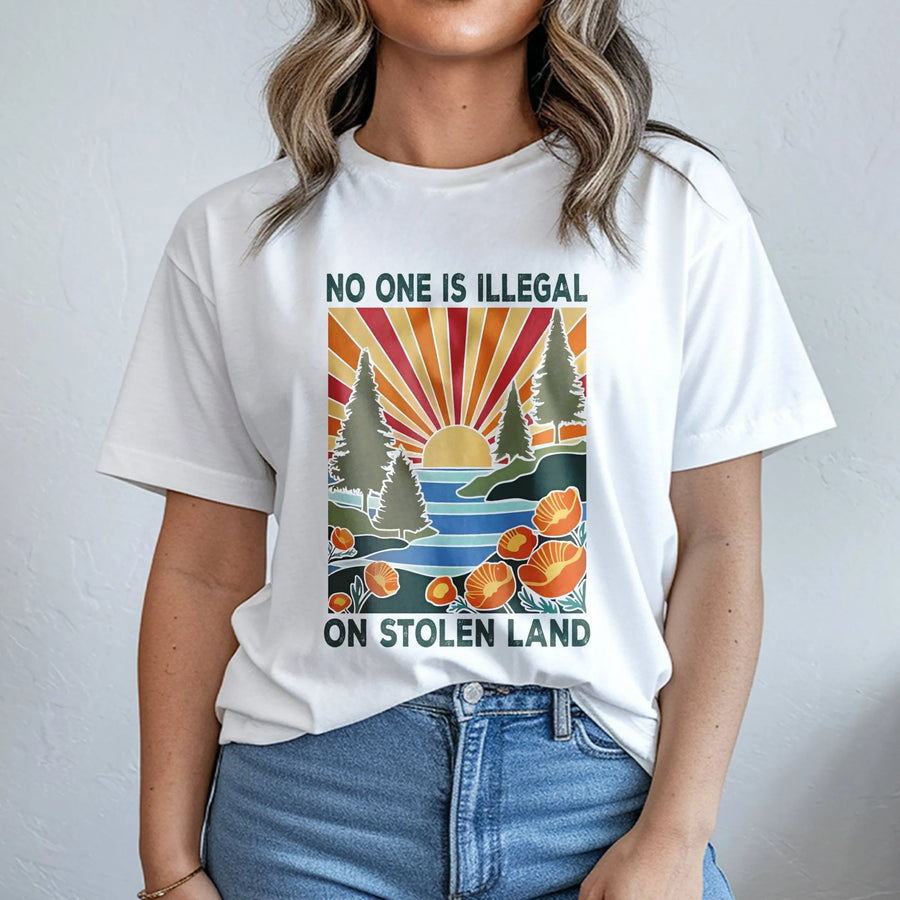 No One Is Illegal On Stolen Land T-Shirt | Retro Nature Landscape Graphic | Premium Soft Cotton Tee | Social Justice Activist Gift for Allies