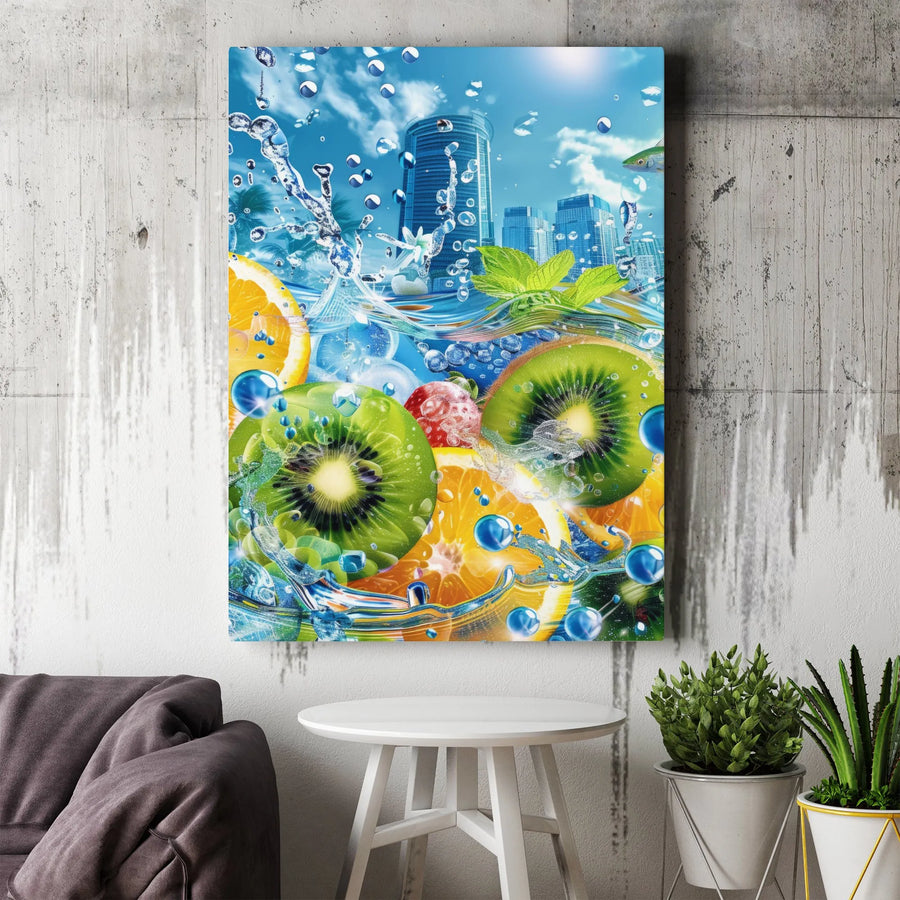 Vibrant Fruit Splash Canvas Wall Art | Surreal Cityscape & Tropical Fruit Design | Premium Gallery-Wrapped Canvas | Modern Kitchen & Bar Decor Gift