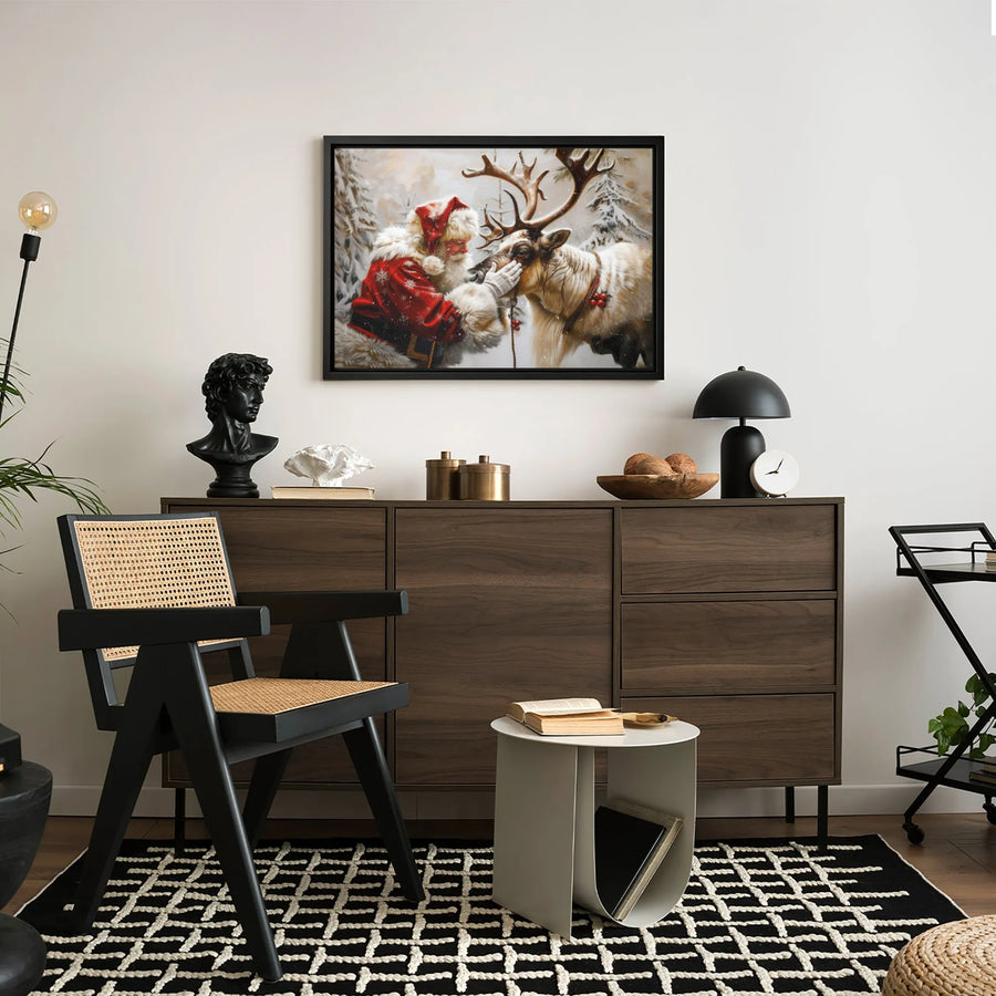 Santa Claus and Reindeer Wall Art | Snowy Forest Christmas Scene | Premium Gallery-Wrap Canvas | Holiday Home Decor Gift