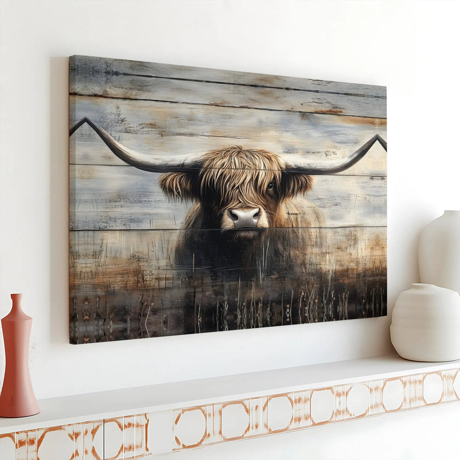 Highland Cow Canvas Wall Art | Rustic Farmhouse Portrait on Distressed Wood | Premium Gallery Wrap Print | Farmhouse Decor Gift for Animal Lovers