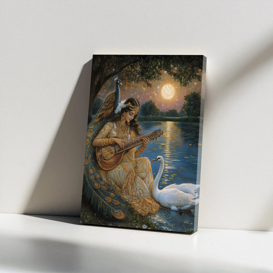 Goddess Saraswati Canvas Print | Divine Hindu Goddess with Veena & Peacock | Premium Wall Art | Spiritual Home Decor Gift for Meditation Room