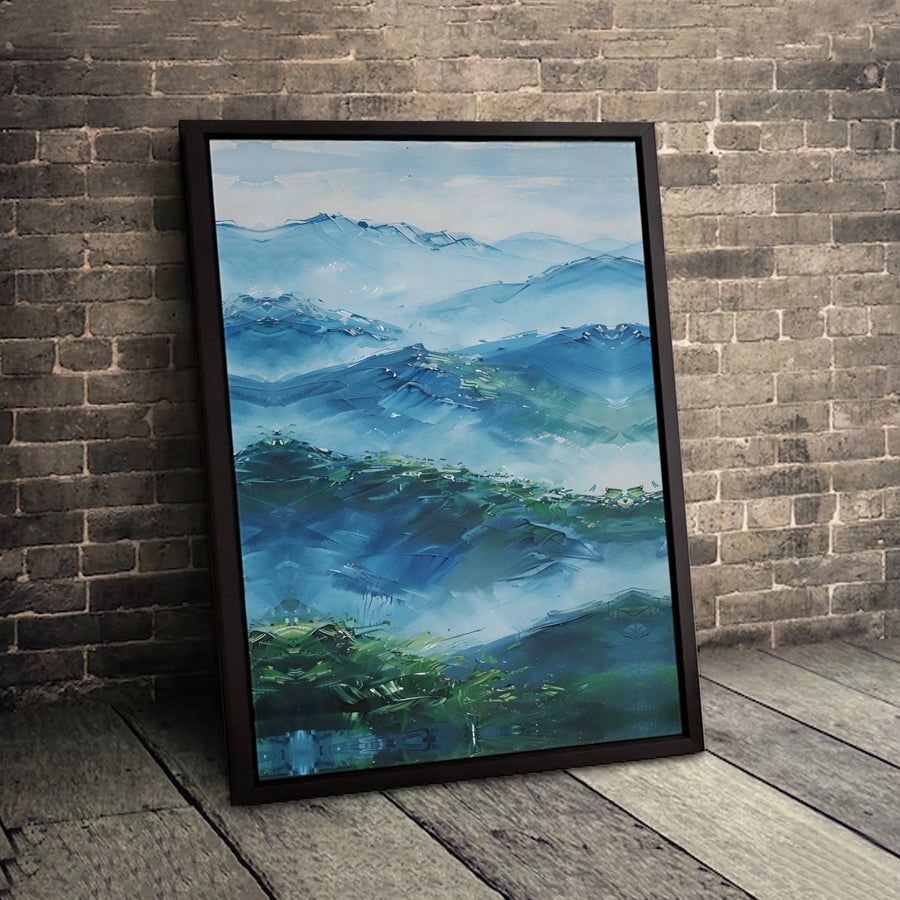 Abstract Blue Mountain Canvas Wall Art | Foggy Mist Landscape Print | 1.25-Inch Premium Gallery Wrap | Modern Home Office Decor Gift