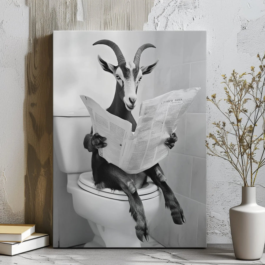 Funny Goat Reading Newspaper on Toilet Canvas | Black and White Bathroom Wall Art | Premium Gallery-Wrapped Print | Unique Home Decor Gift