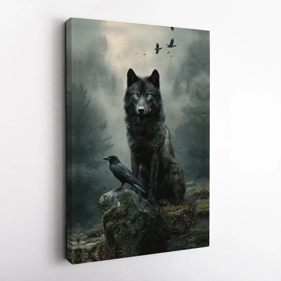 Black Wolf and Raven Wall Art | Misty Forest Gothic Animal Print | Premium 1.25-Inch Gallery Canvas | Nature Lover Home Decor Gift