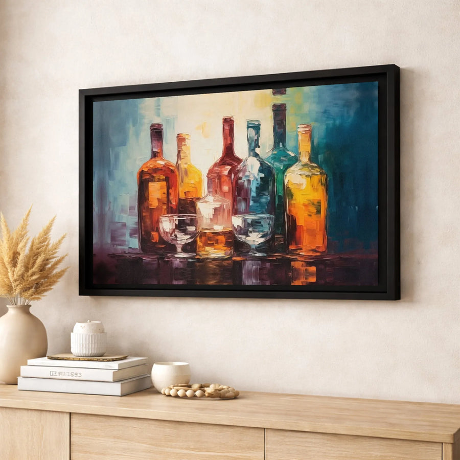 Colorful Wine Bottles Canvas Art | Abstract Still Life Oil Painting Print | Gallery Quality 1.25 Inch Wrap | Premium Dining Room Wall Decor