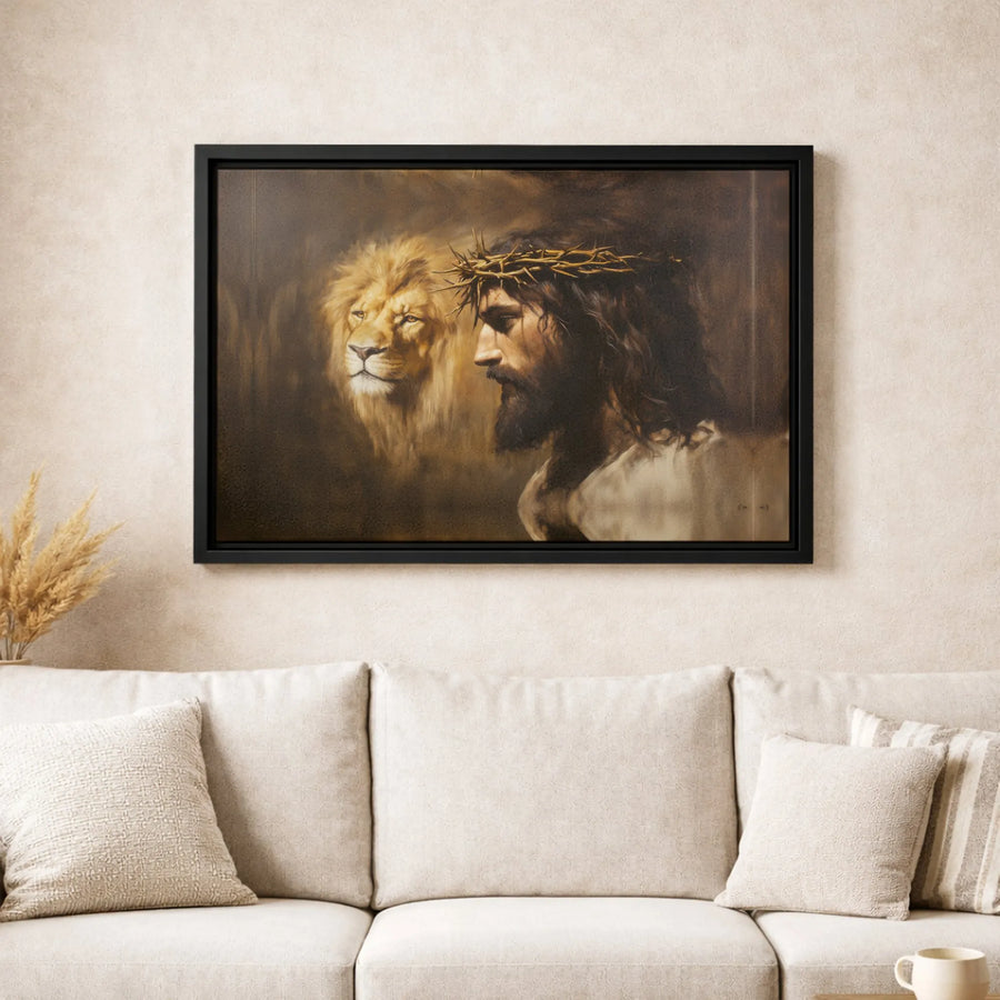 Jesus and Lion of Judah Canvas Wall Art | Crown of Thorns Religious Portrait | Premium Fade-Resistant Print | Spiritual Home Decor Gift