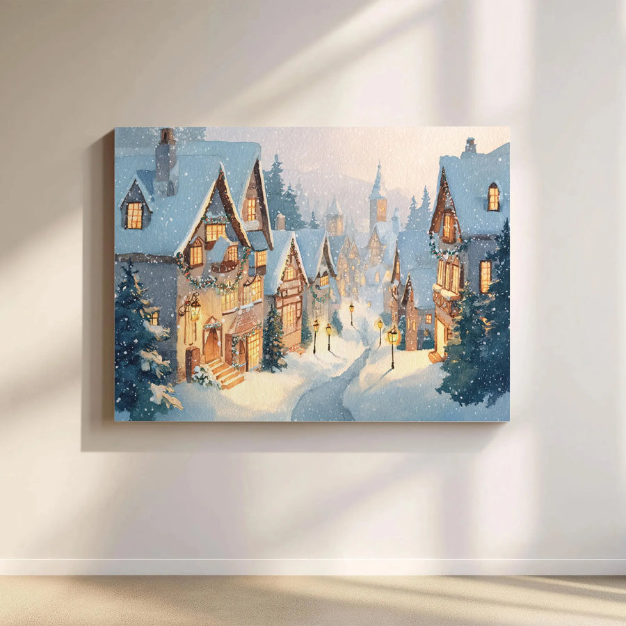 Christmas Village Canvas Wall Art | Cozy Winter Town Watercolor Painting | Premium Holiday Home Decor | Seasonal Decoration Gift
