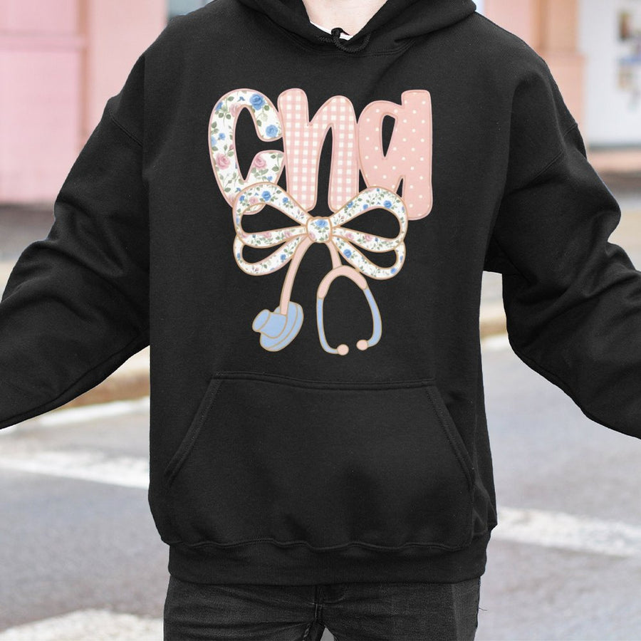 CNA Hoodie | Floral Bow Aesthetic Design | Soft Cotton-Polyester Blend | Certified Nursing Assistant Gift Idea