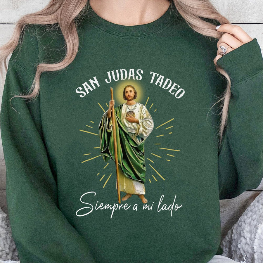San Judas Tadeo Sweatshirt | Siempre A Mi Lado Religious Graphic Print | Premium Cotton Blend | Christian Faith Gift for Devotees