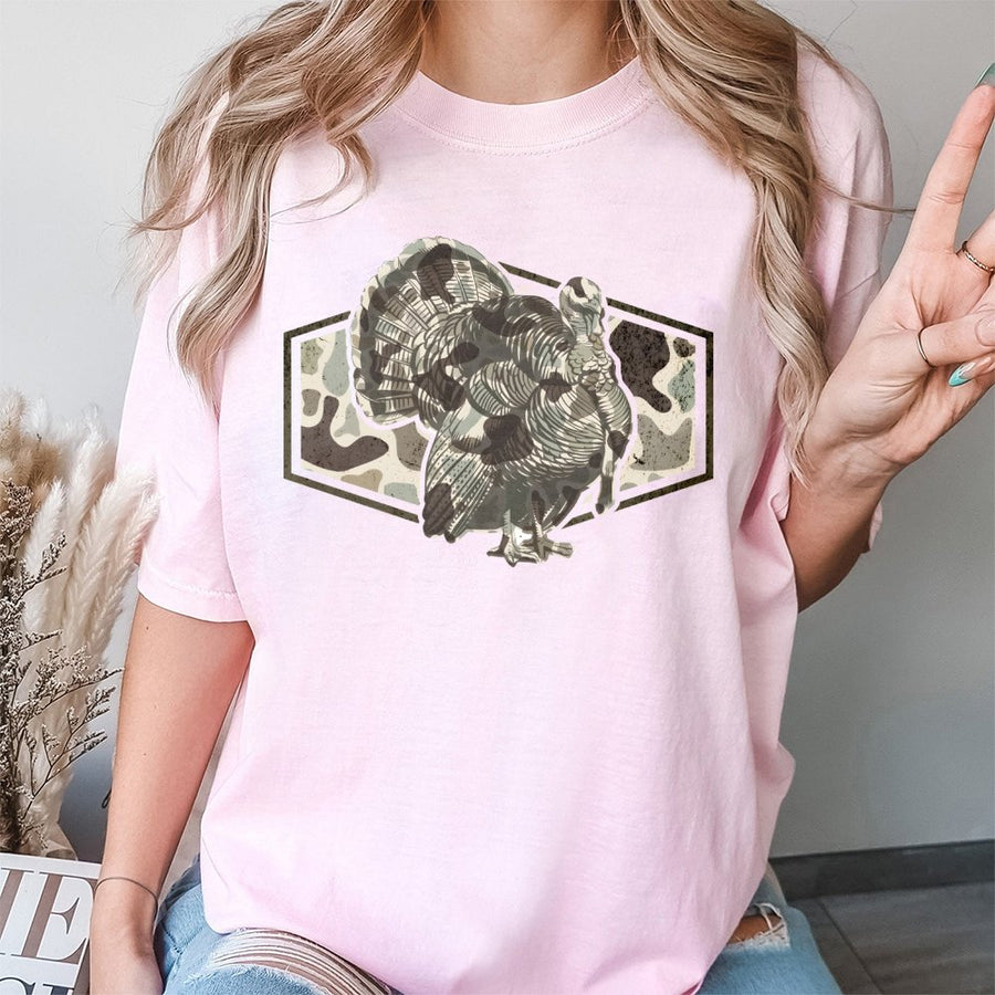 Turkey Hunting Camo T-Shirt | Distressed Wildlife Graphic Print | 100% Premium Cotton | Nature Lover Gift for Outdoorsmen