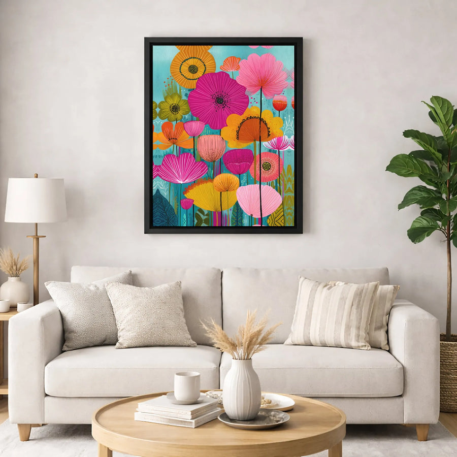 Vibrant Floral Canvas Wall Art | Colorful Folk Art Flower Painting | Gallery-Quality 1.25 Inch Thick Wrap | Modern Botanical Home Decor Gift