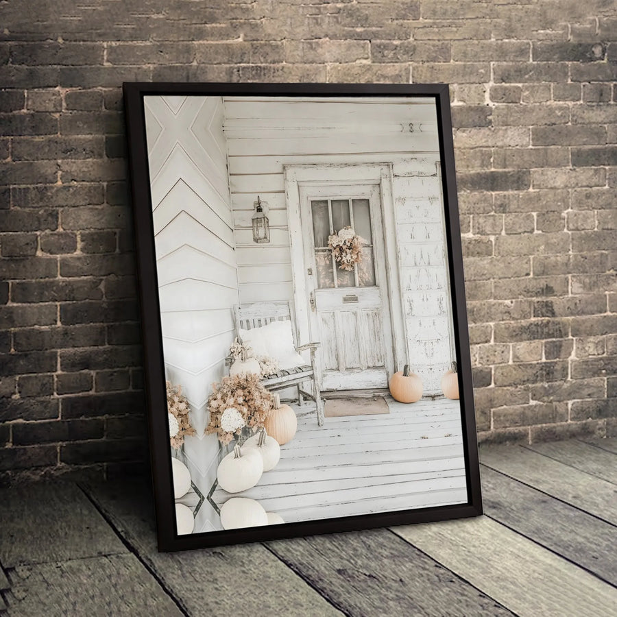 Rustic Farmhouse Canvas Print | Fall Front Porch White Pumpkins | 1.25" Premium Gallery Wrapped Wall Art | Seasonal Home Decor Gift