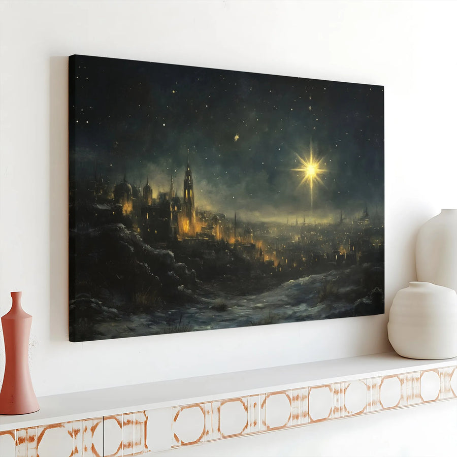 Star of Bethlehem Canvas Art | Snowy City Night Christmas Decor | Premium Gallery Wrap Print | Religious Holiday Wall Decor for Home