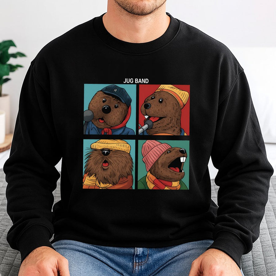 Jug Band Otter Sweatshirt | Funny Animal Music Quartet Cartoon Design | Soft Cotton-Blend Premium Apparel | Gift For Music Lovers And Musicians