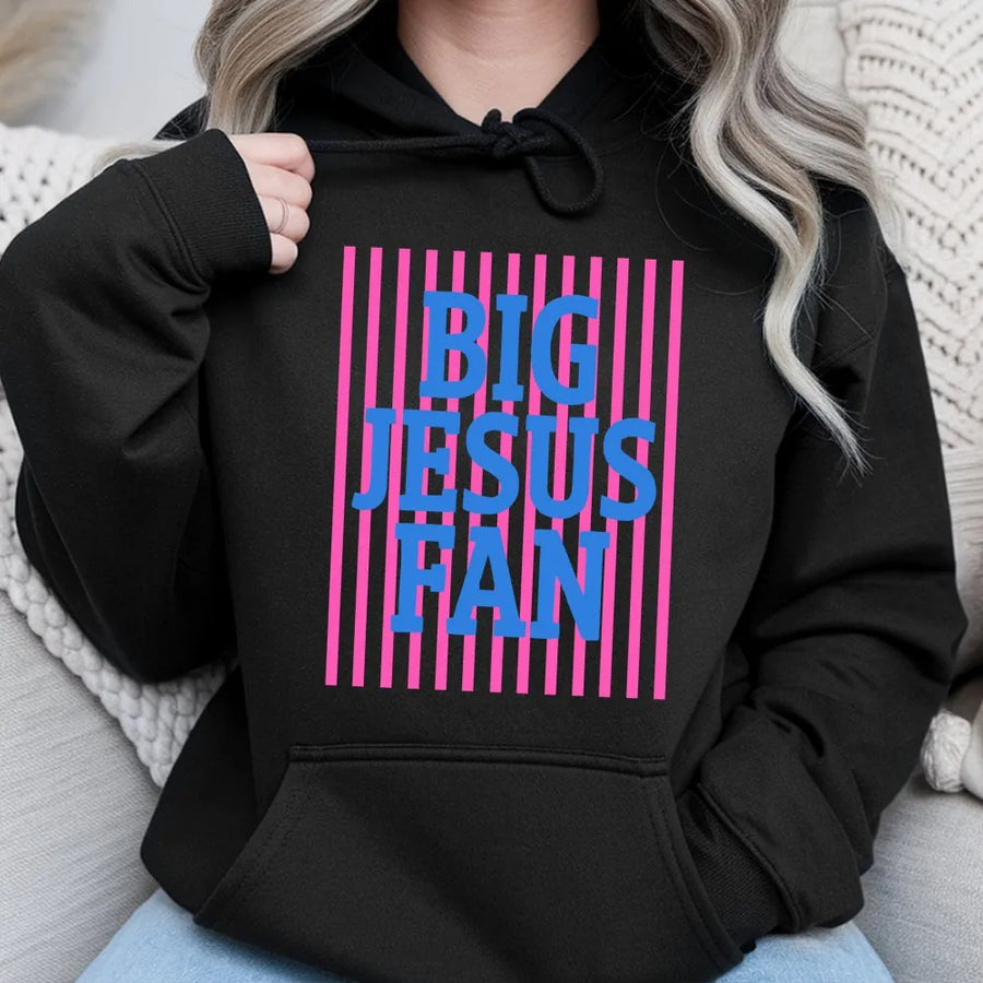 Big Jesus Fan Hoodie | Preppy Striped Christian Graphic | Premium Cotton Blend | Inspirational Faith Gift for Women