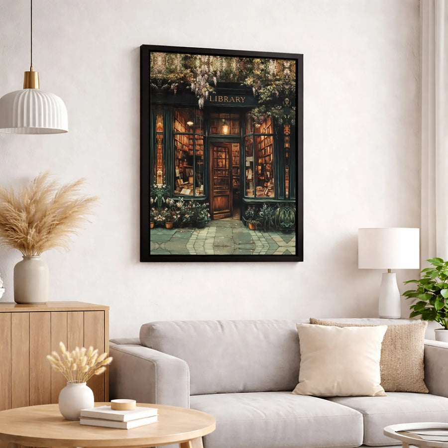 Vintage Library Storefront Canvas Art | Whimsical Wisteria Bookshop Print | Premium 1.25-Inch Gallery Wrap | Academic Home Office Decor Gift