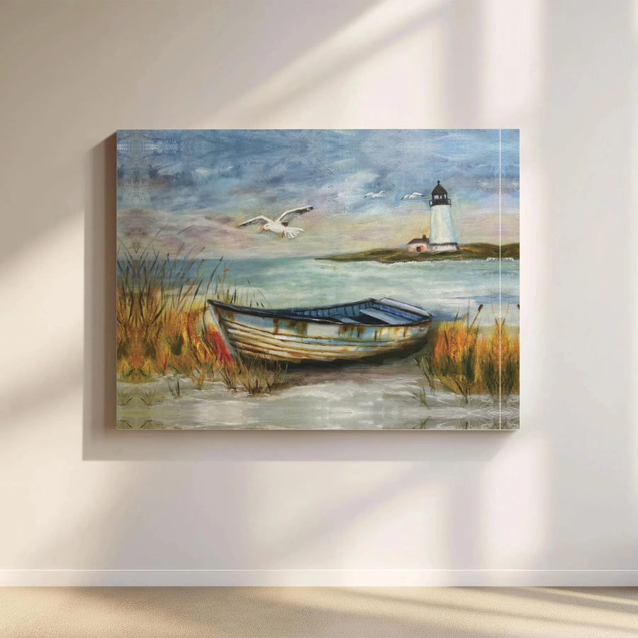 Coastal Lighthouse Canvas Wall Art | Nautical Beach Painting with Rowboat | Premium Gallery Wrap Print | Serene Seaside Home Decor Gift