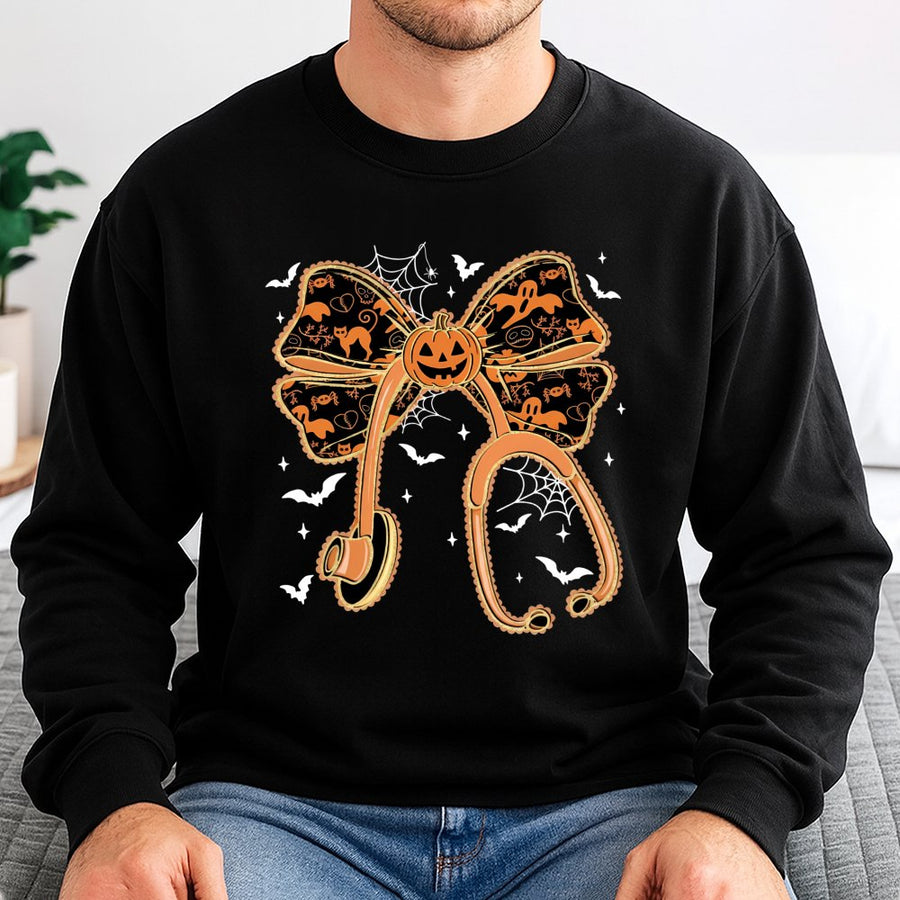 Halloween Nurse Sweatshirt | Pumpkin Bow Stethoscope Graphic | Premium Cotton Blend | Spooky Fall Medical Apparel Gift for RN Student
