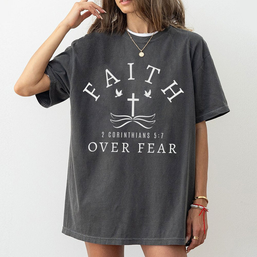 Faith Over Fear Bible Verse T-Shirt | 2 Corinthians 5:7 Christian Graphic | Premium Soft Cotton | Inspirational Religious Gift For Men And Women